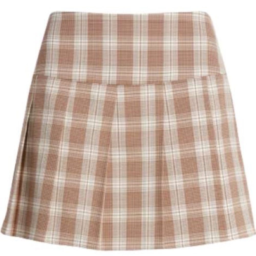 BP. Brown and Cream Plaid Pleated Mini Skirt